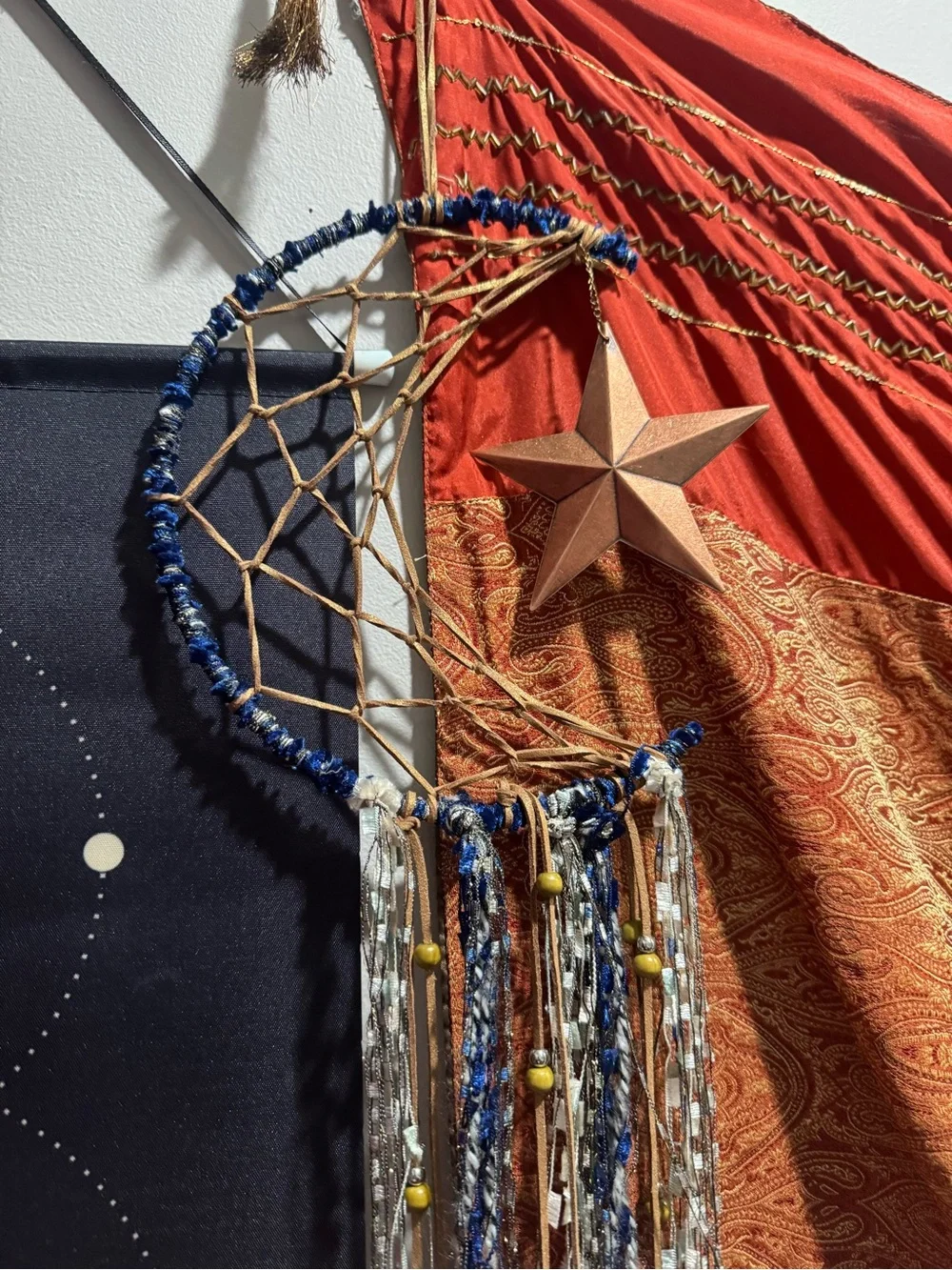 Boho Crescent Moon Wall Hanging with Copper Star - Navy and Tan